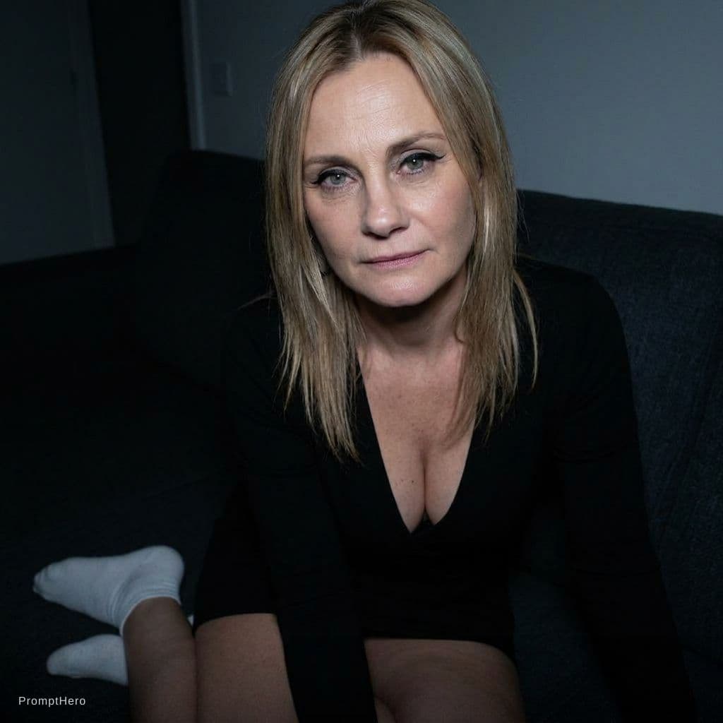 AI generated: looking at me. Sitting on a couch at night(no lights), wearing same (cleavage) dress and white socks...