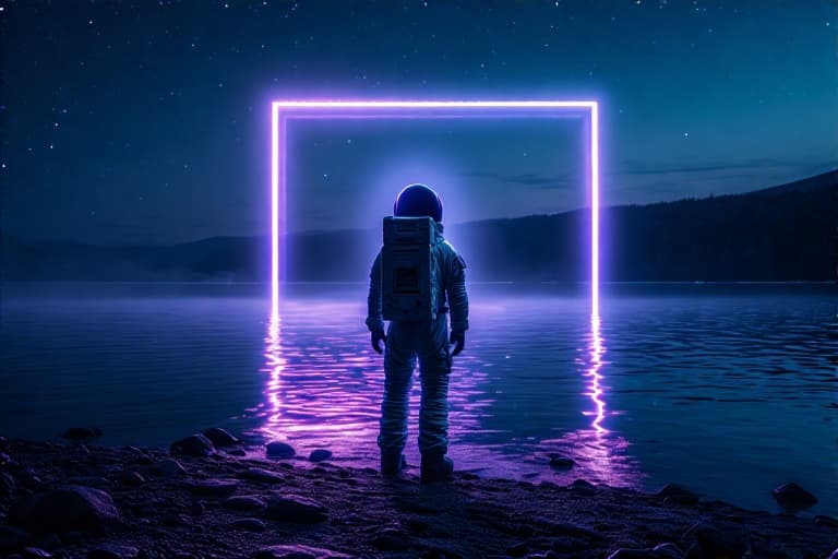 AI generated: raw photo, detailed, fujifilmxt3, ray tracing, 8k uhd, hdr, an astronaut stands on the shore of a la...