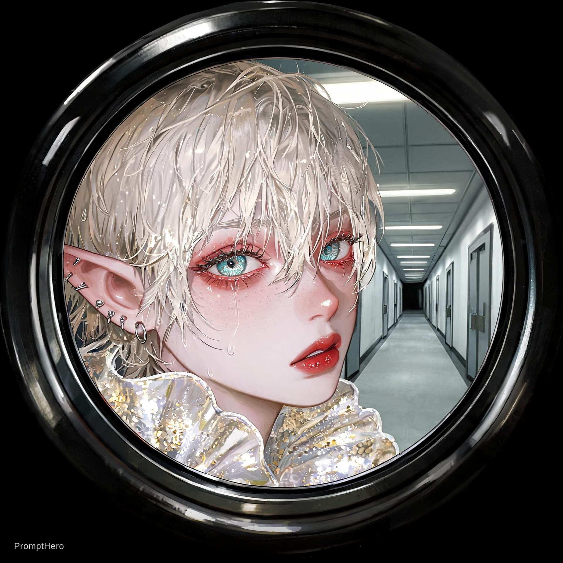 AI generated: Close-up portrait of a beautiful young androgynous elf character peering through a thick circular po...