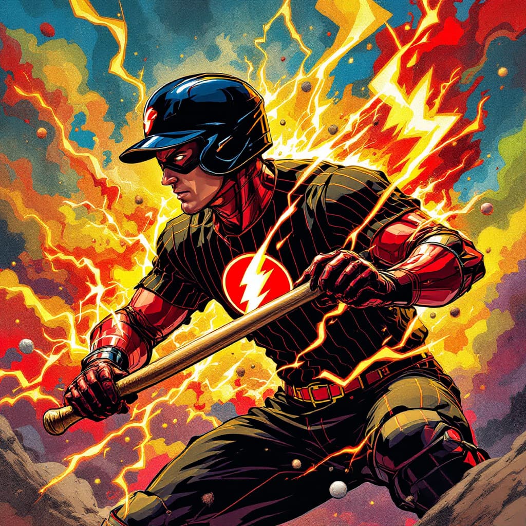 AI generated: an illustration of a flash gordon with a black baseball helmet and black pinstripe shirt with a ligh...