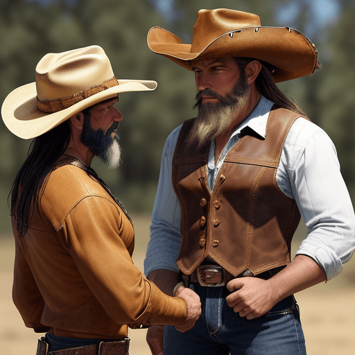 AI generated: Cowboy man with boots and hat showing himself to another cowboy who looks at him surprised. The boot...