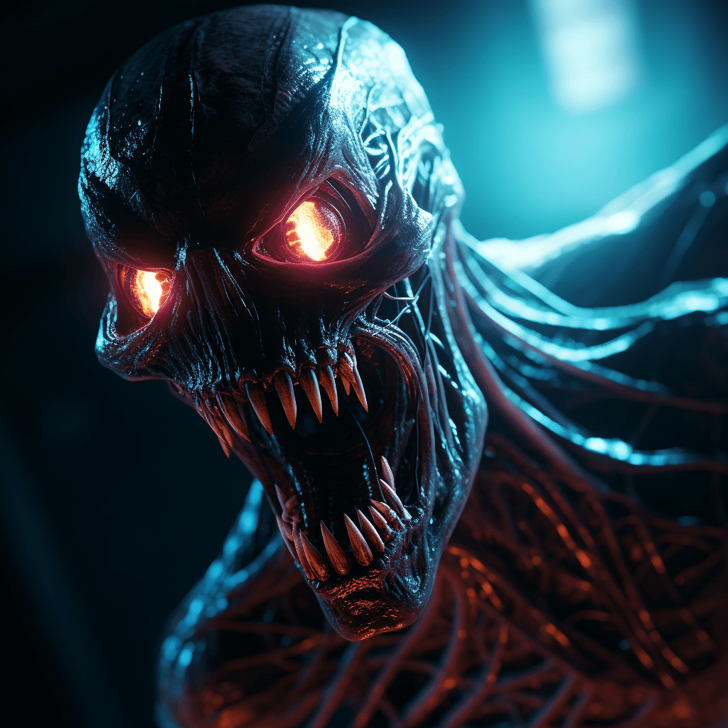 AI generated: A wicked alien with neon glowing eyes in a corner of a room, roaring, gnarling, mouth salivating, sh...