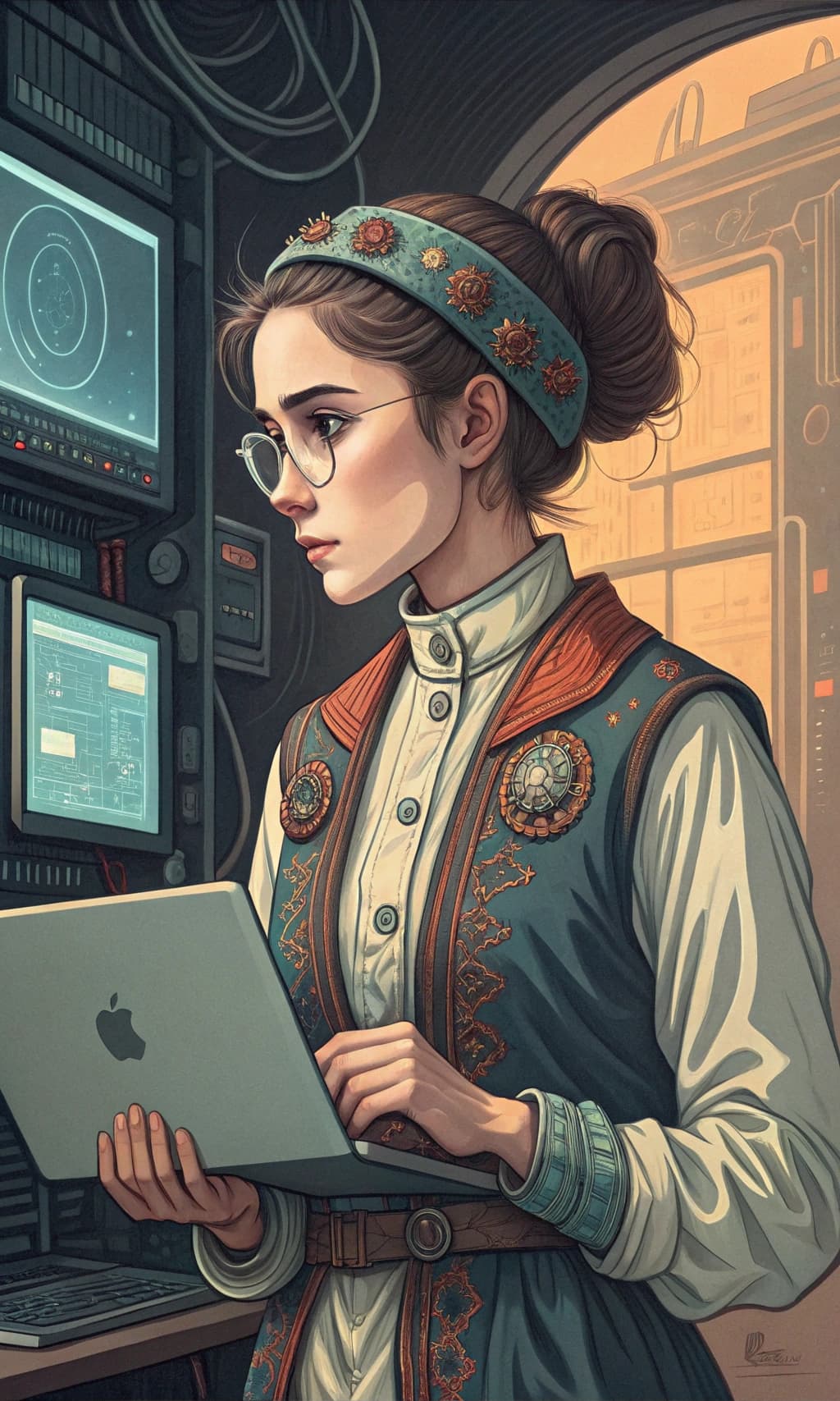 AI generated: tech genius teenage girl by Ivan Bilibin --v 6