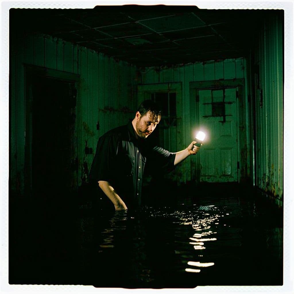AI generated: Dave Blunts in a creepy haunted house holding a flashlight and he is scared out of his wits, abandon...