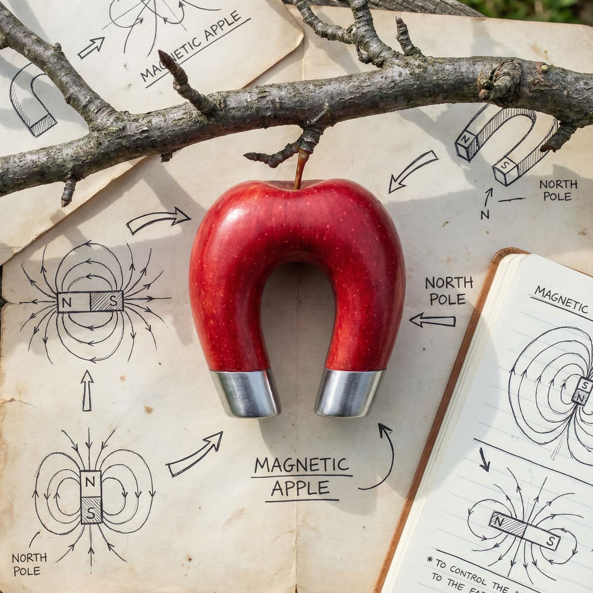 AI generated: AN APPLE THAT LOOKS LIKE A MAGNET. THE APPLE IS ON A TREE BRANCH AND DRAWINGS FROM A TOP-DOWN PERSPE...