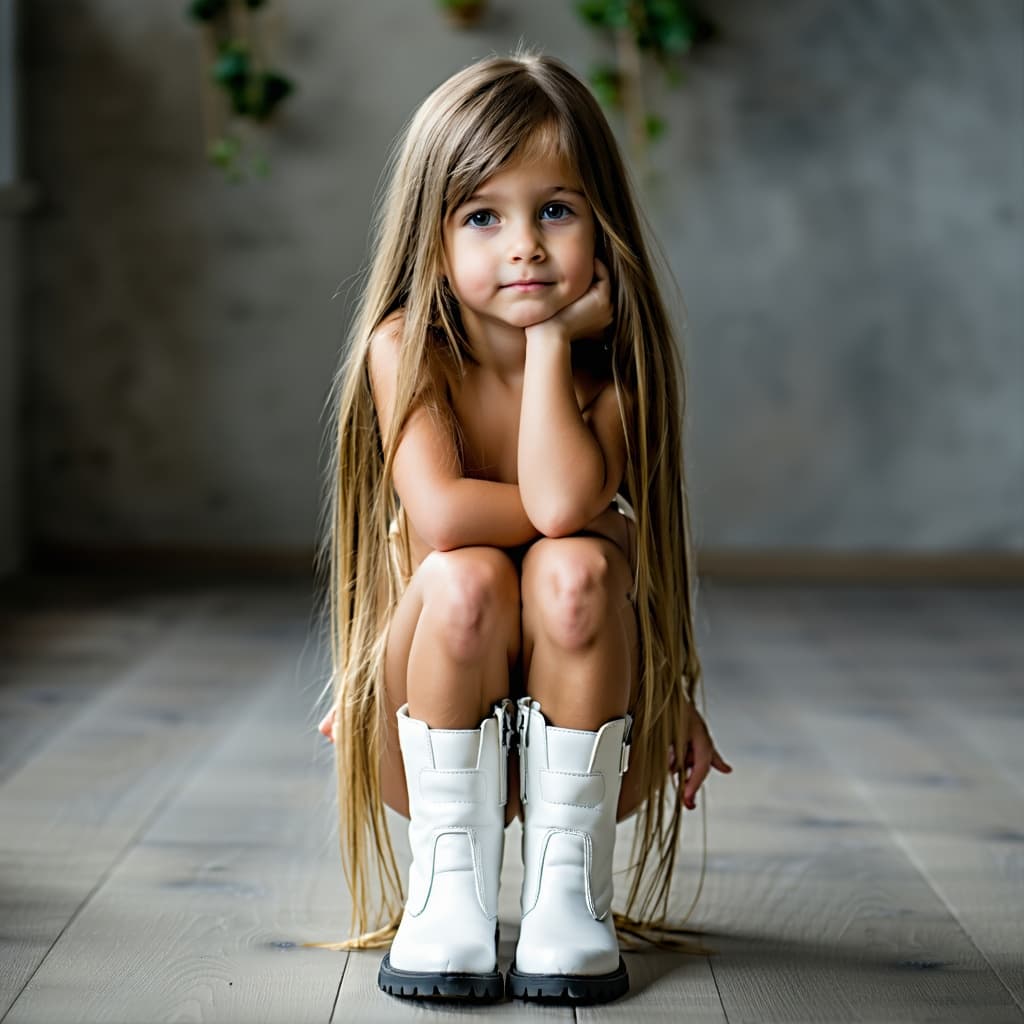 AI generated: a child girl with long hair in white boots and bare cheast in a grey room 