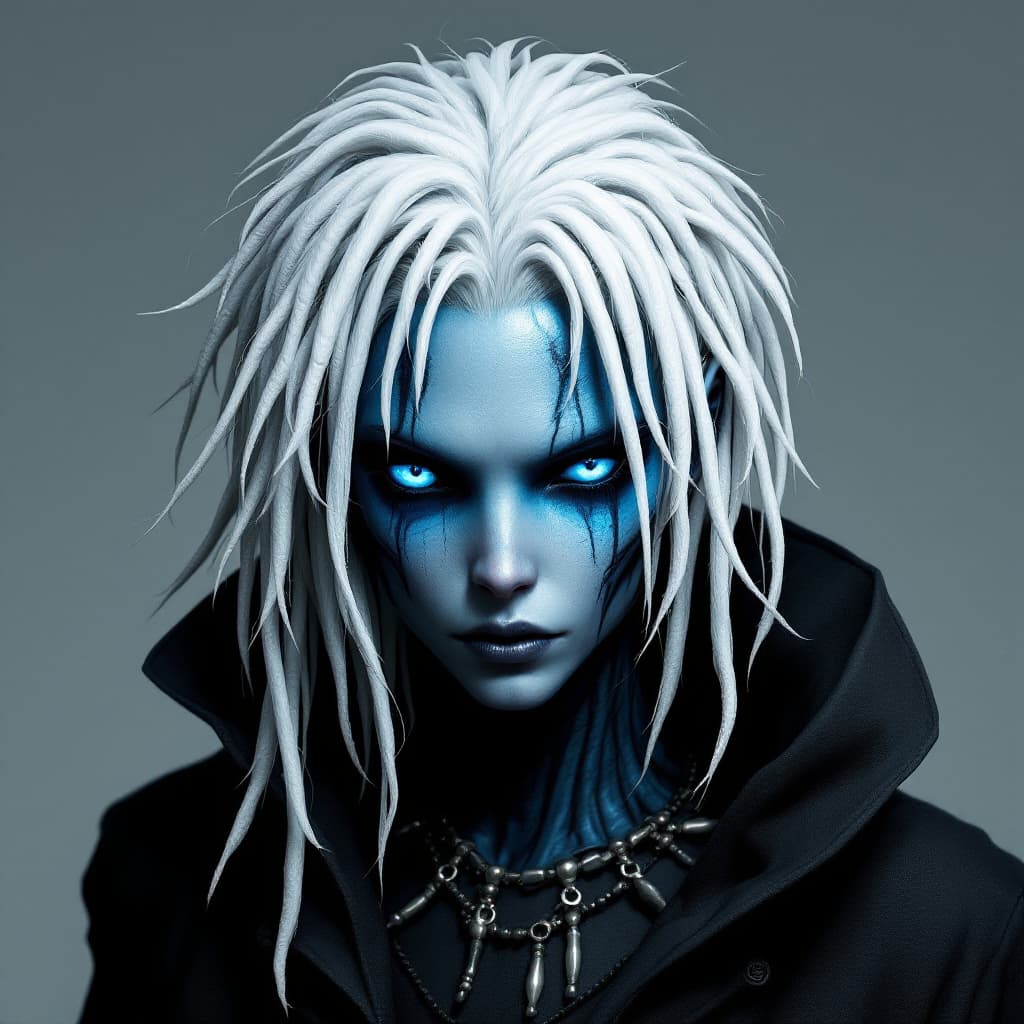 AI generated: Shadow Gir lwith blue  eyes and white dreads 