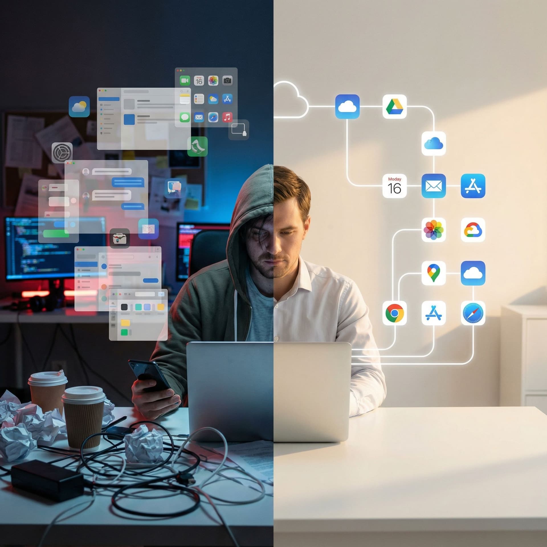 AI generated: Split-screen image, left side dark chaotic workspace with stressed person using smartphone and lapto...