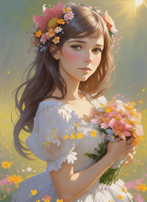 AI generated: commercial illustration of a woman dressed in flowers with flowers in her hair, in the style of artg...