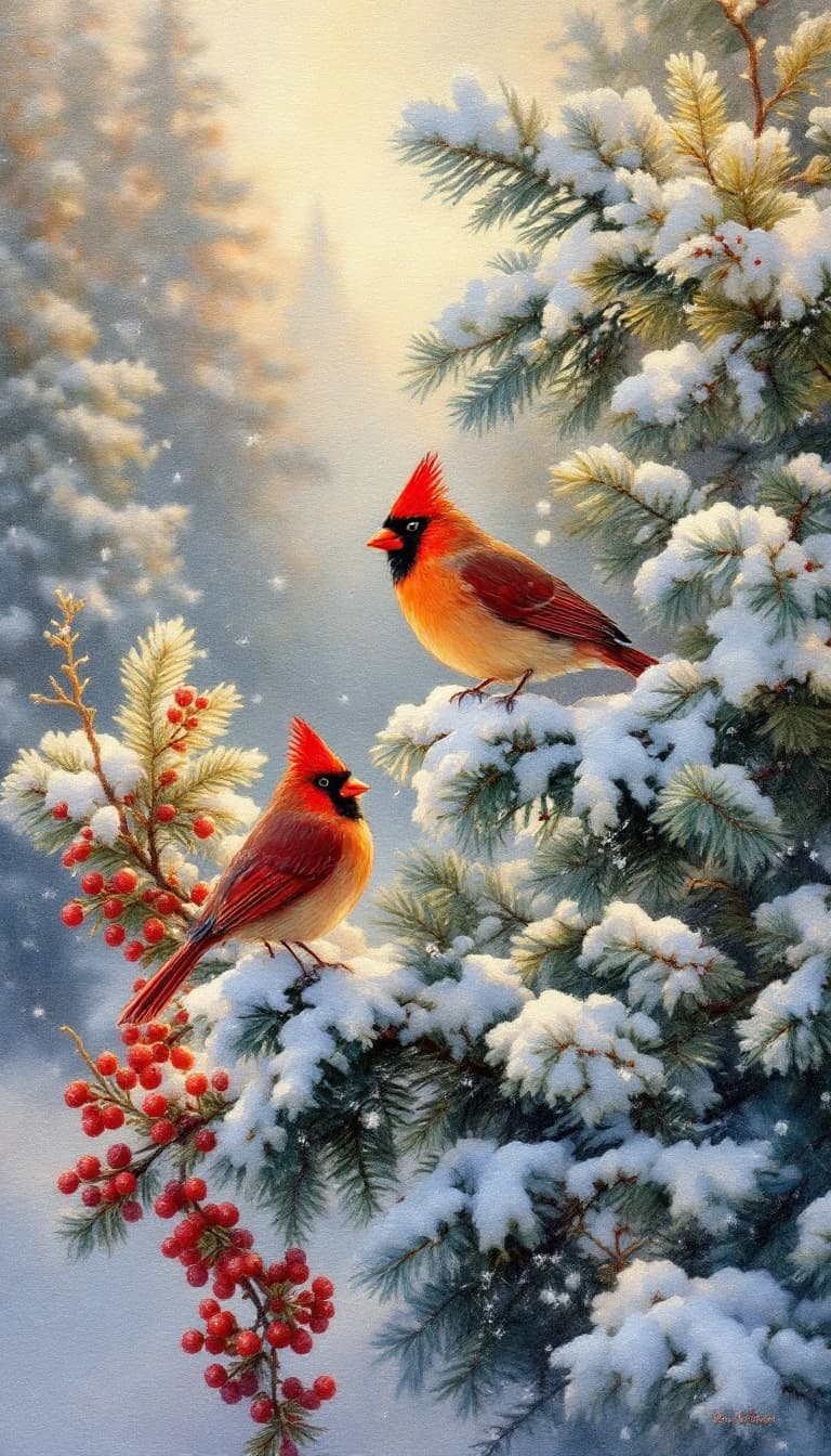 AI generated:  Terry Redlin style painting, rich textures and visible brushstrokes. Depicting a serene   winter la...
