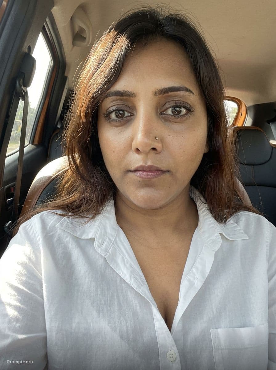 AI generated: Ultra realistic, She wears a white button-up shirt that is slightly open at the collar,revealing her...