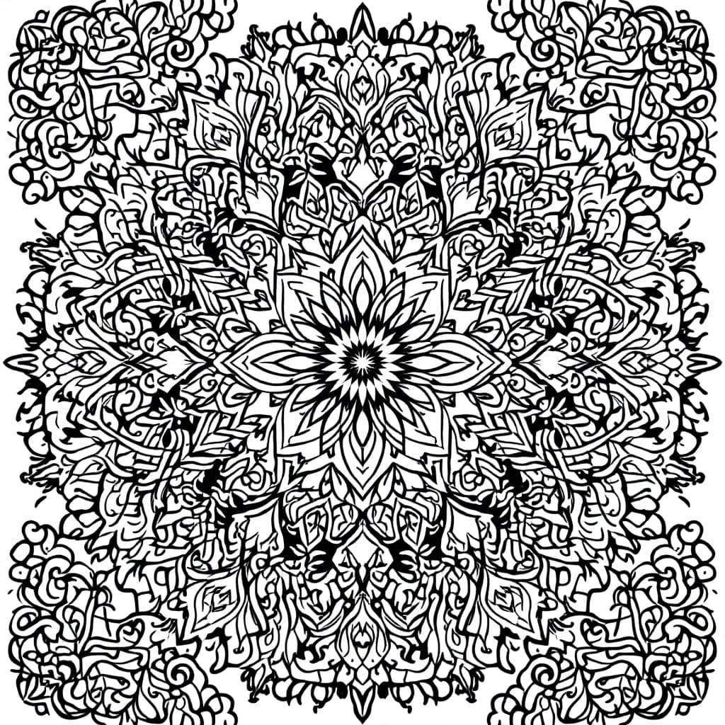 AI generated: A highly detailed black-and-white mandala coloring page featuring intricate floral and geometric pat...