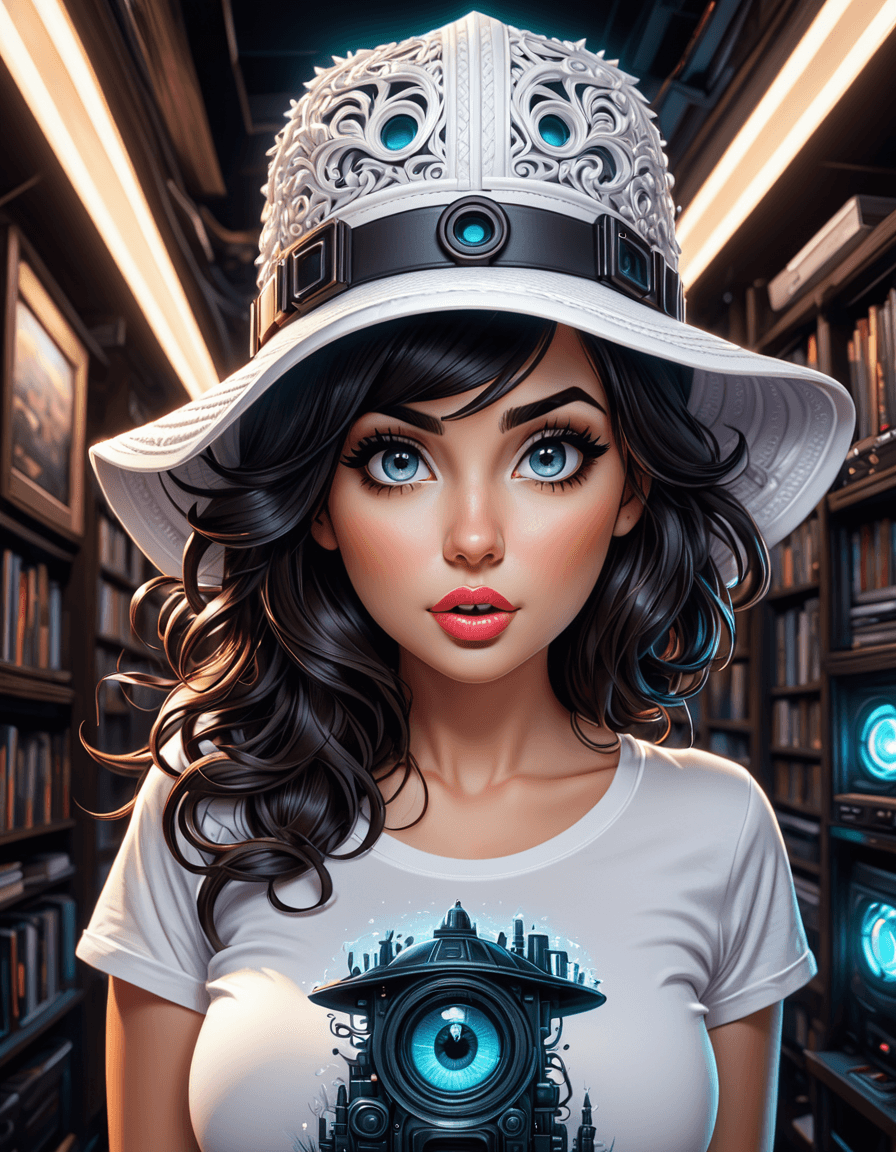 AI generated: NSFW, art by Dan Mumford, upper body of a geeky adult woman in a holed white t-shirt, silly little h...