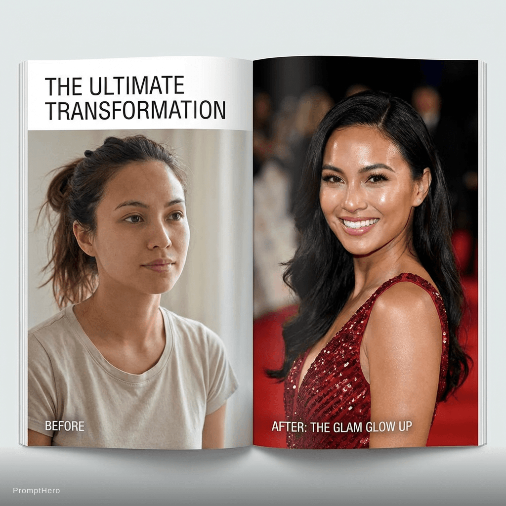 AI generated: glam glow up — red carpet look, glowing skin, sleek hair, confident smile
