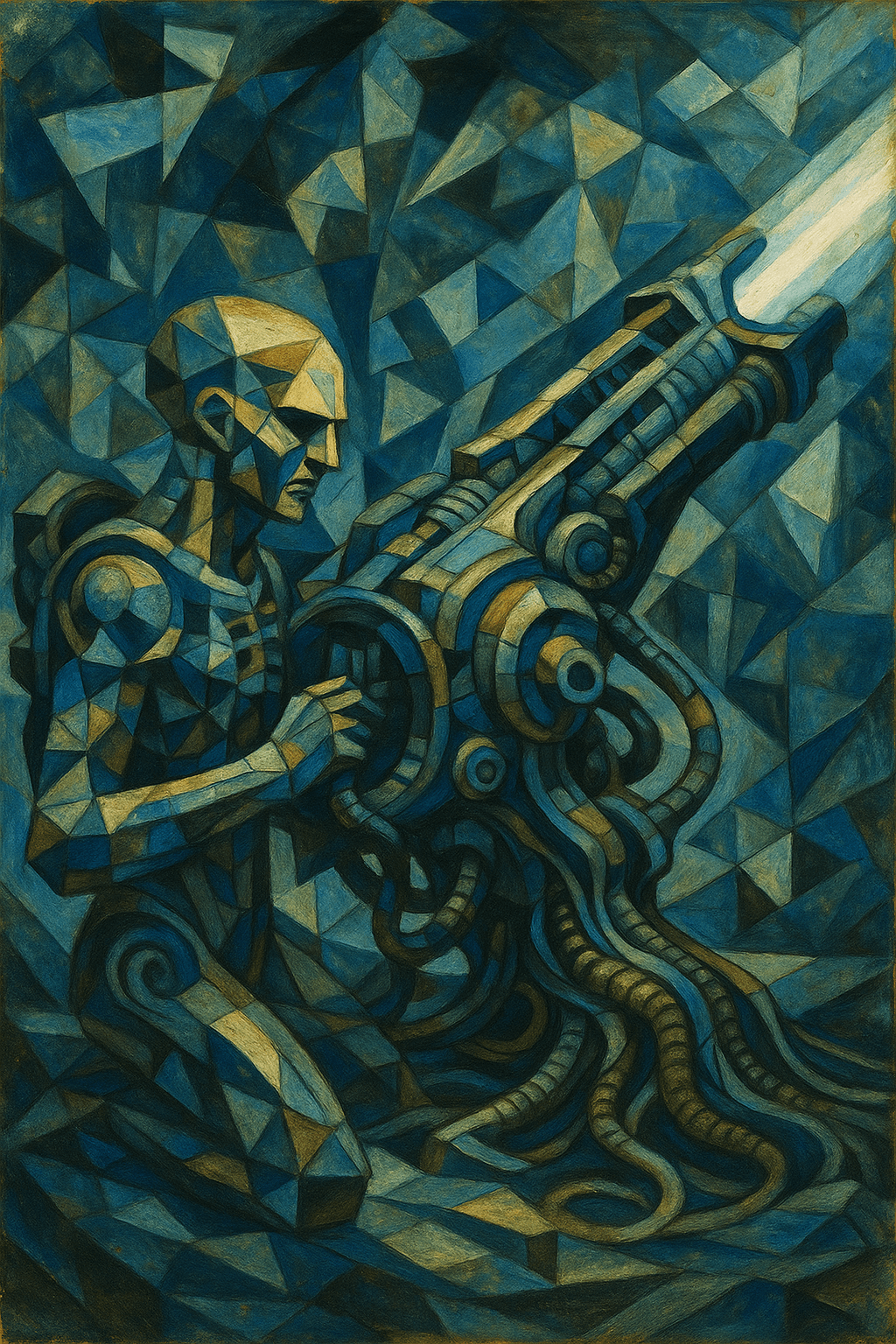 AI generated: Oil painting texture, Refer to Picasso, Cubism,The cannon of the alien Prometheus