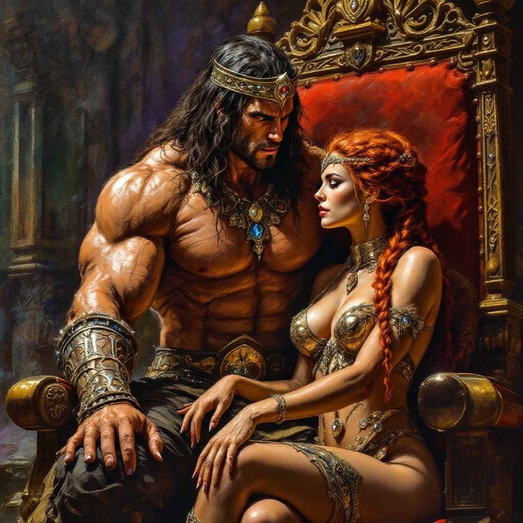 AI generated: depth of field, close-up, emotions, An exquisite dark fantasy oil painting depicting the formidable ...