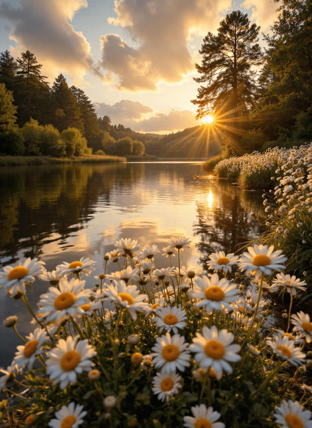 AI generated: The image depicts a serene landscape scene during sunset. The sky is painted with warm hues of orang...