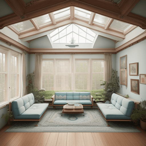 AI generated: High resolution photography interior design, dreamy sunken living room conversation pit, wooden floo...