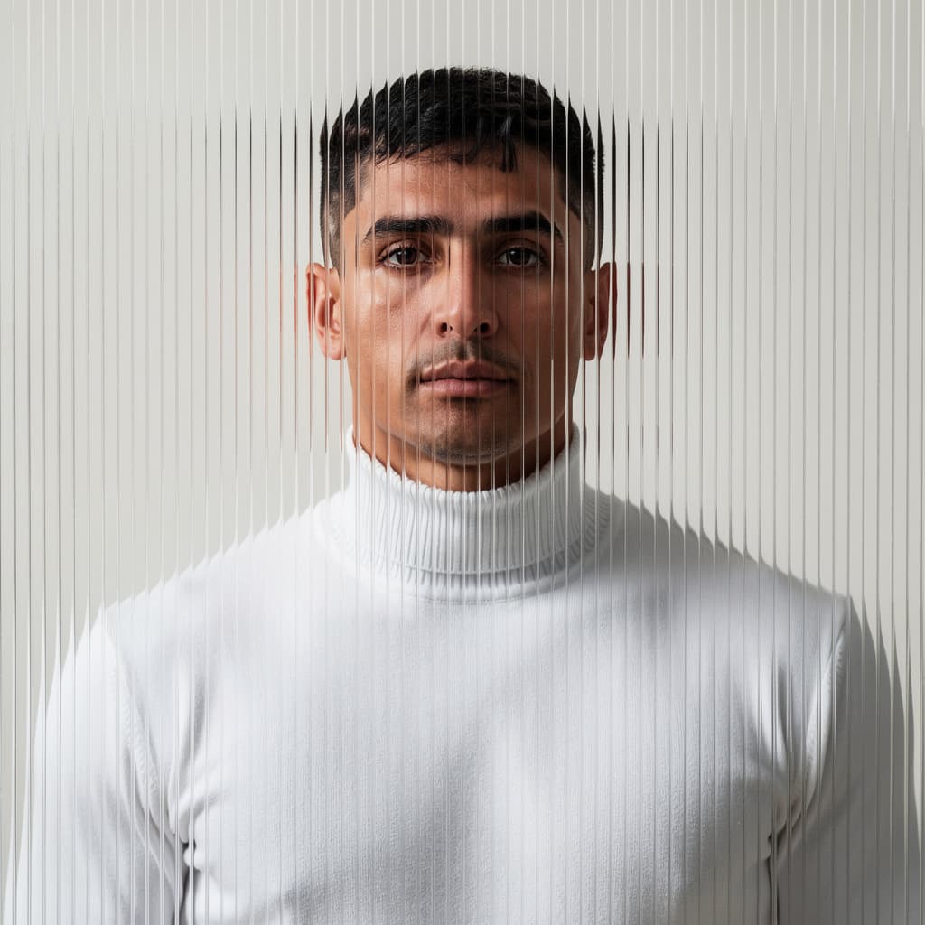 AI generated: high resolution photography, front central profile, man facing front, gaze to front, wearing a white...
