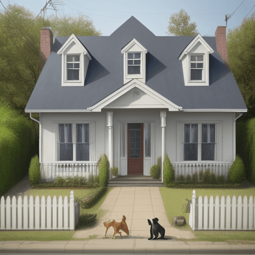 AI generated: house with person in front with a dog and a cat next to them. The house has a big sign that says "FO...