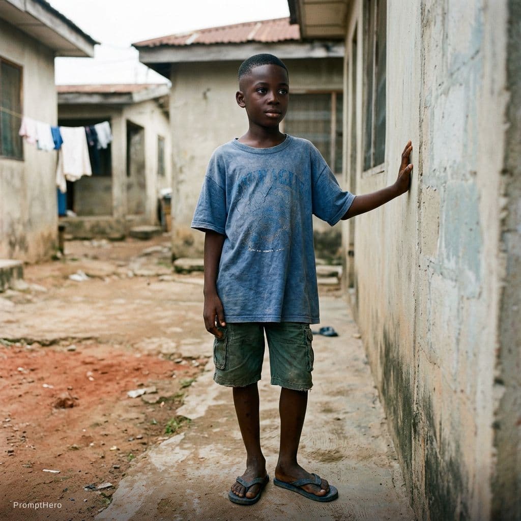 AI generated: Nigerian boy, age 10
Dark brown skin, slim body
Low fade haircut
Big emotional eyes
Worn-out slipper...
