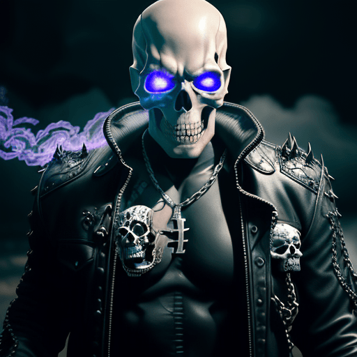 AI generated: a photo of 8k ultra realistic beautiful man GHOST RIDER HOLDING CHAIN, BURNING SKULL , intricate bla...