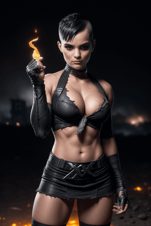 AI generated: photo of Brianna Hildebrand, (short black hair with shaved head:1.3), (torn shredded X-Men uniform:1...