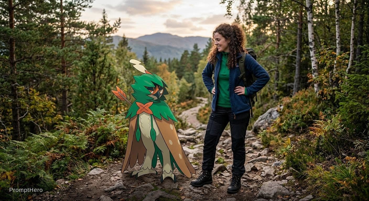 AI generated: a decidueye with a trainer wearing a blue fleece a green top black walking trousers and walking boot...