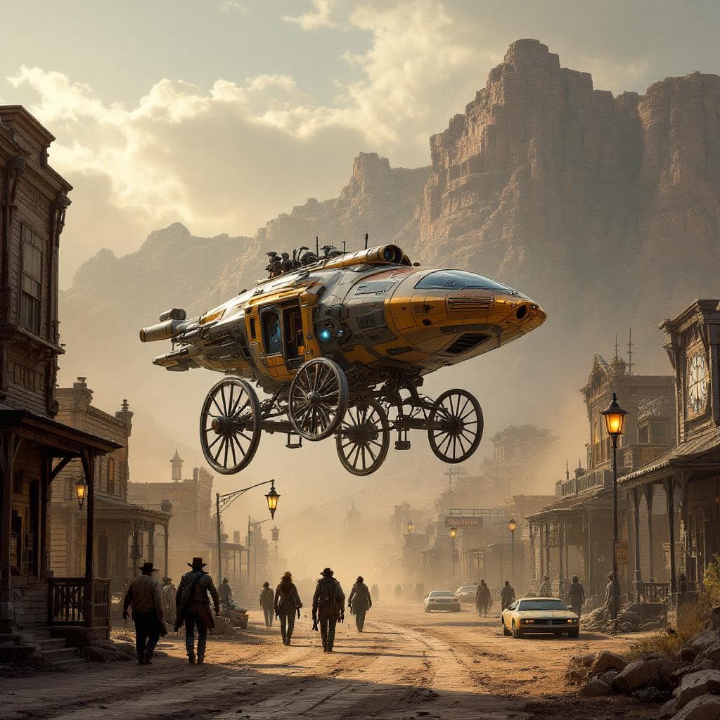 AI generated: The Old West in a futuristic setting. 1880 meets 2380 with a futuristic stagecoach that hovers witho...
