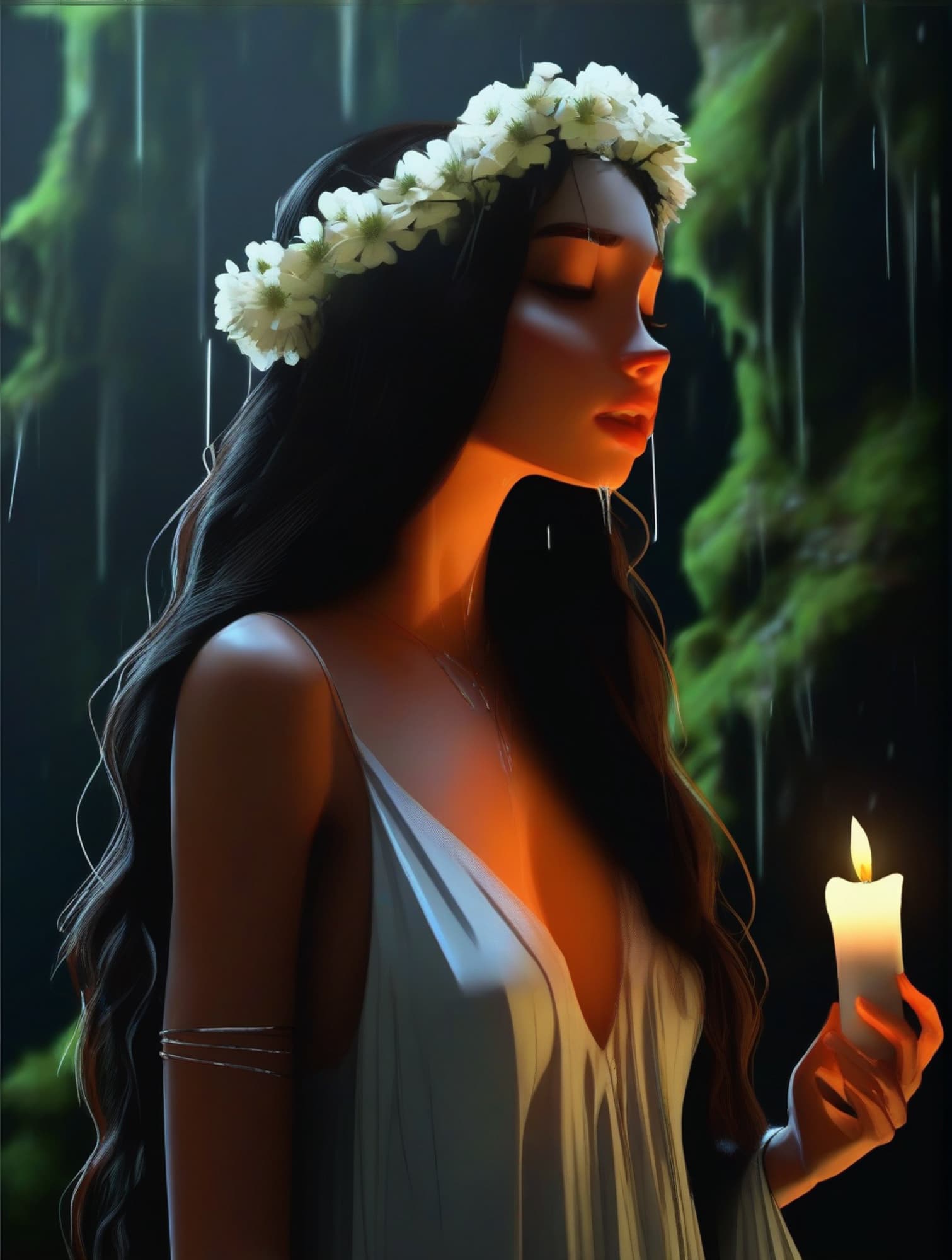 AI generated: From below view. Low warm backlight, misty scene of a woman with long hair with flowers crown, she s...