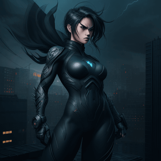 AI generated: Digital artwork, concept art, a female ninja with Prompt Hero logo on her chest, standing on rooftop...