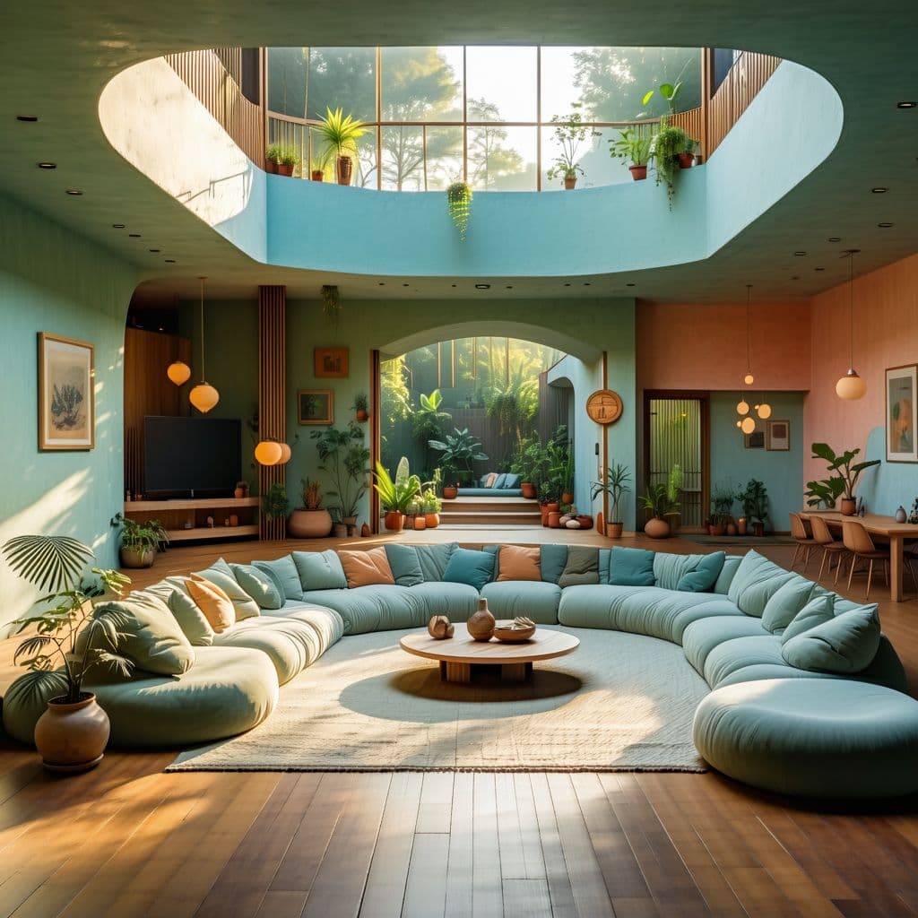 AI generated: High resolution photography interior design, dreamy sunken living room conversation pit, wooden floo...