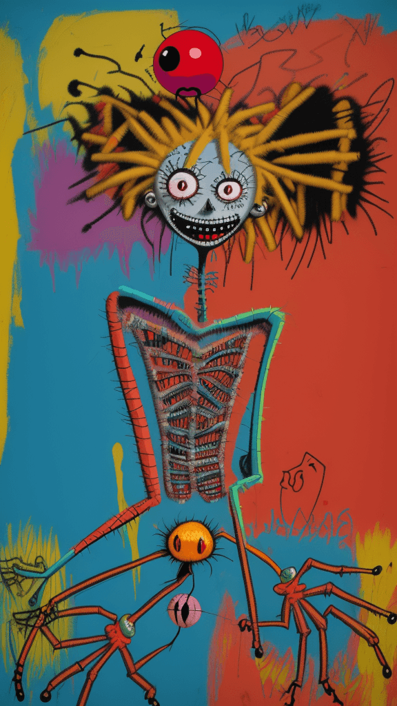 AI generated: graffitied on the wall invision my imaginary friend a Absurd Embroidery bird head spider legs red or...