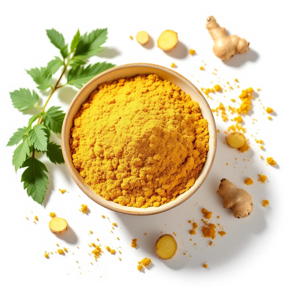 AI generated: Ginger powder in a bowl with some ginger and curry leaves on a white background, realistic, with sha...