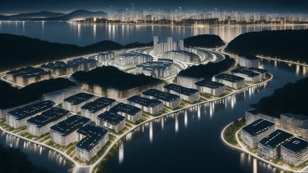 AI generated: a magnificent modern ecotourism village with different residential buildings designed by architect S...