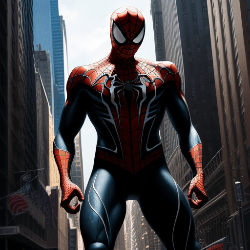 AI generated: venom suit spider man, New york street as background, ray traicing, High detail color photo, a profe...