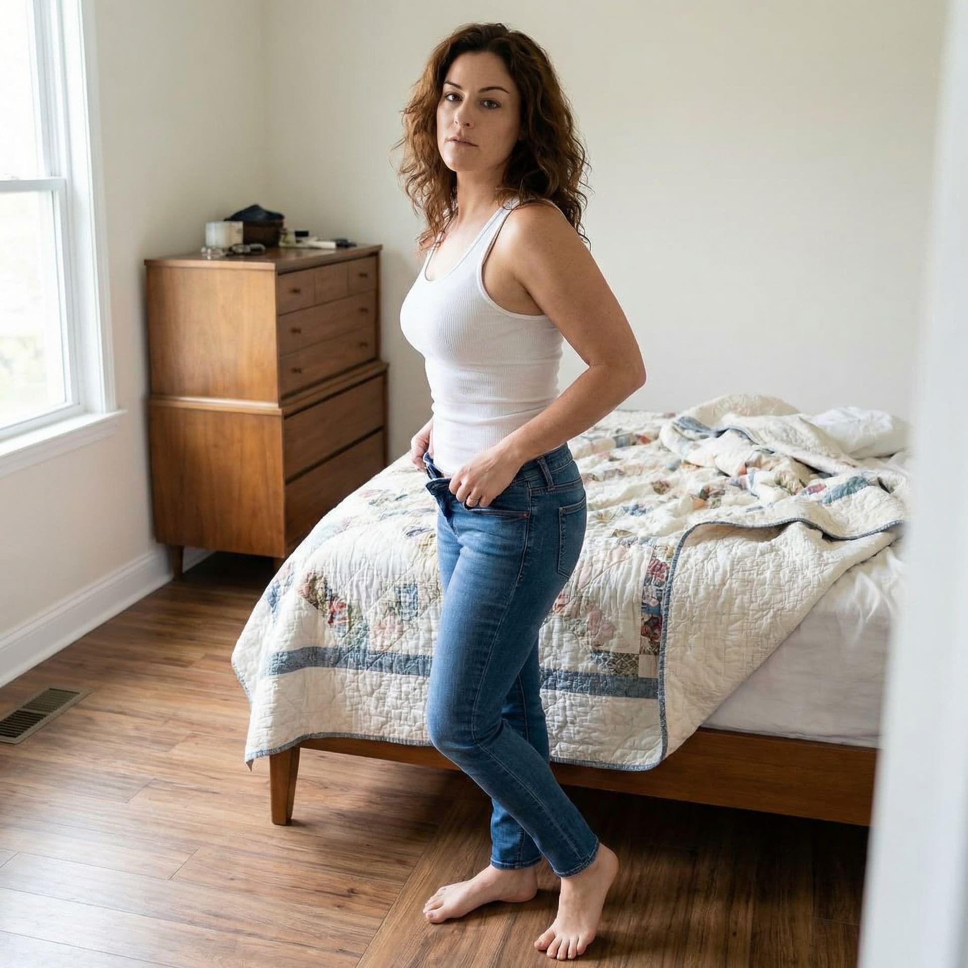 AI generated: Standing at 45 degree, looking straight at the camera, she's inside a bedroom dressing up. She has a...