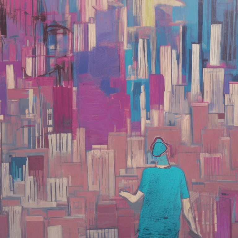 AI generated: person in front of a city, baskiat painting, blue, pink, purple