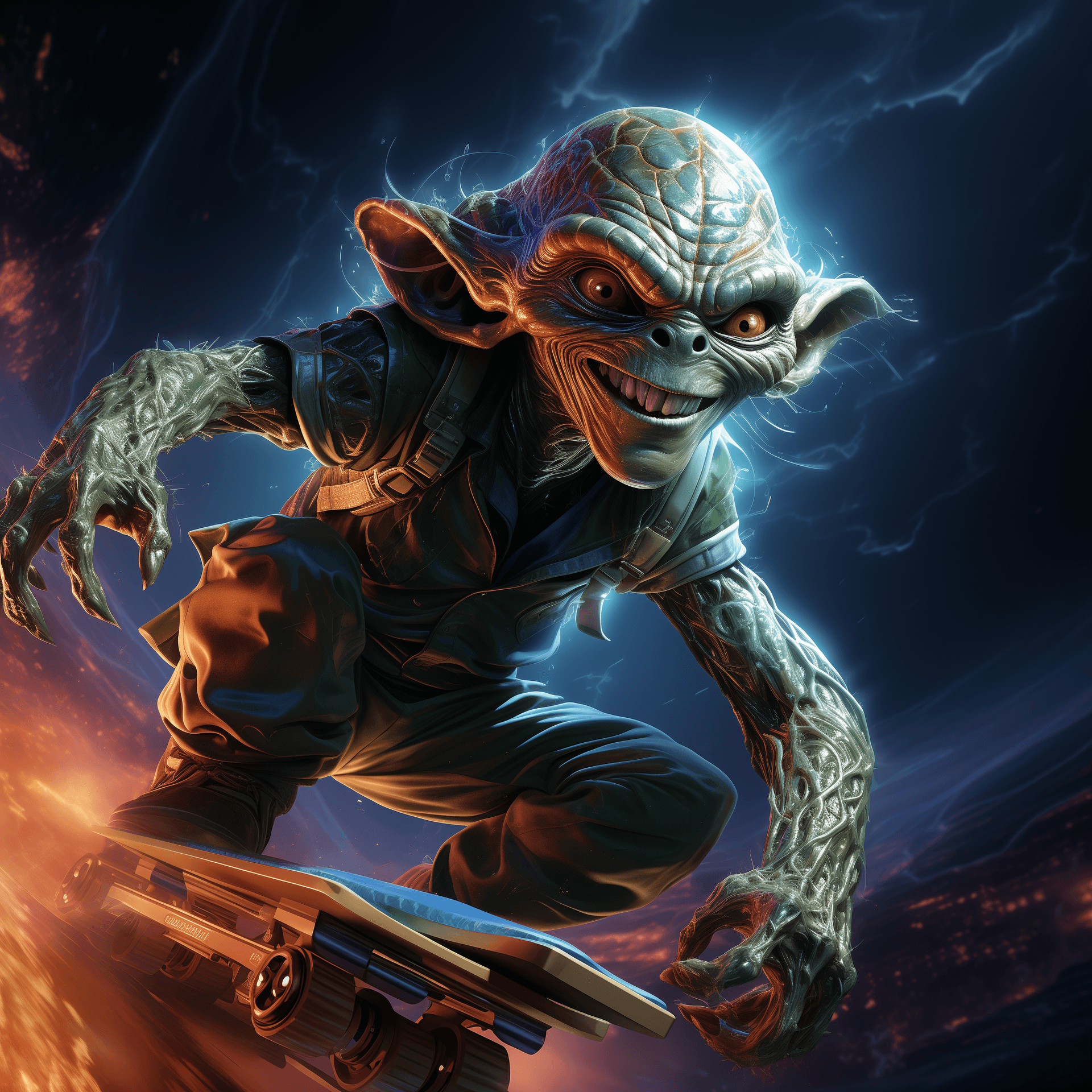 AI generated: a vivid, hyper-realistic scene of a space alien riding a skateboard, where the perspective is from t...