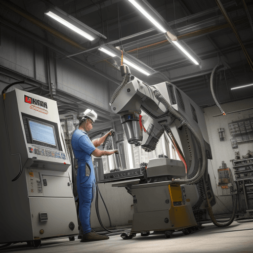 AI generated: Photo of a ultra realistic mechanic technician repairing on metal cnc machine, whit tools