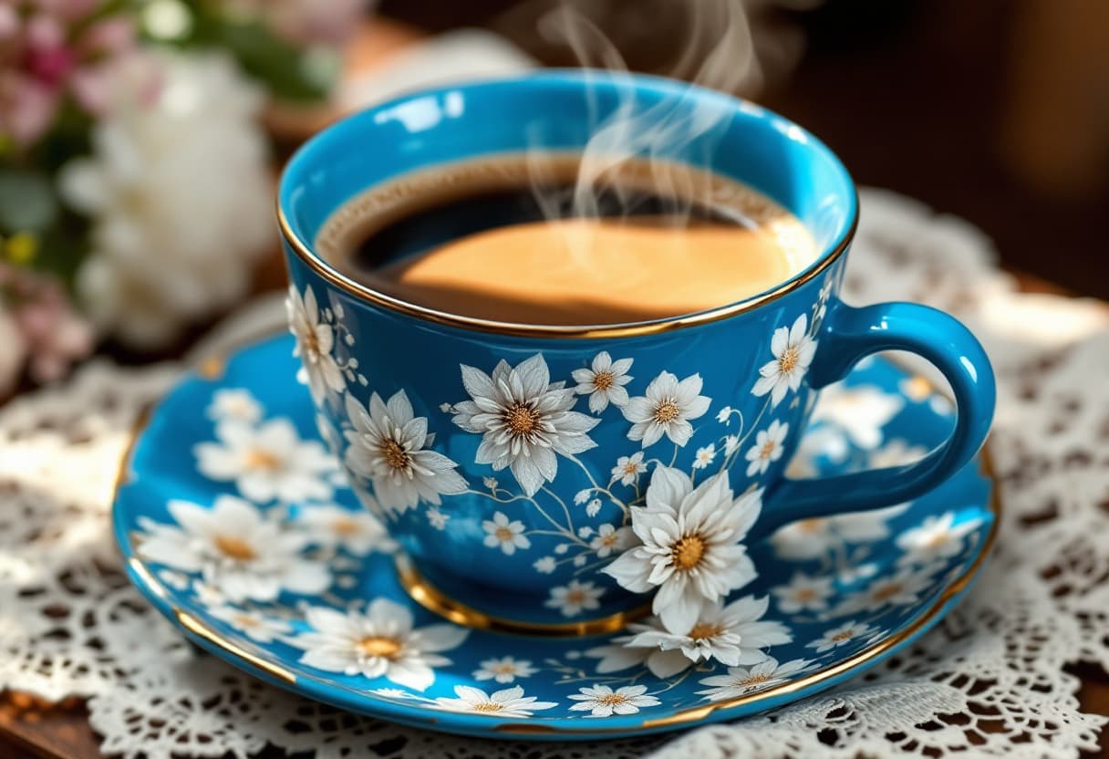 AI generated: a huge enormous bright blue coffee with bright white lace flowers decorating it, filled with steamin...