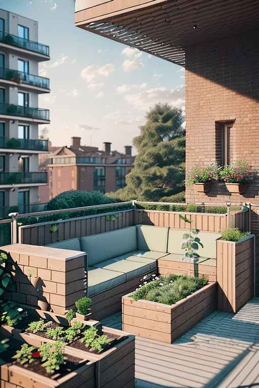 AI generated: SMALL GARDEN ON THE BALCONY OF A modern c-shaped APARTMENT building WITH BRICK FINISH AND wooden PER...
