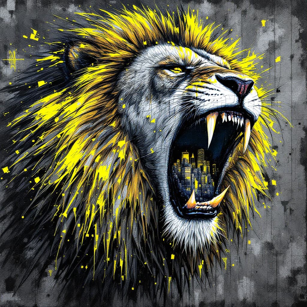 AI generated: An urban graffiti mosaic of a roaring lion, composed of countless small graffiti pieces that togethe...