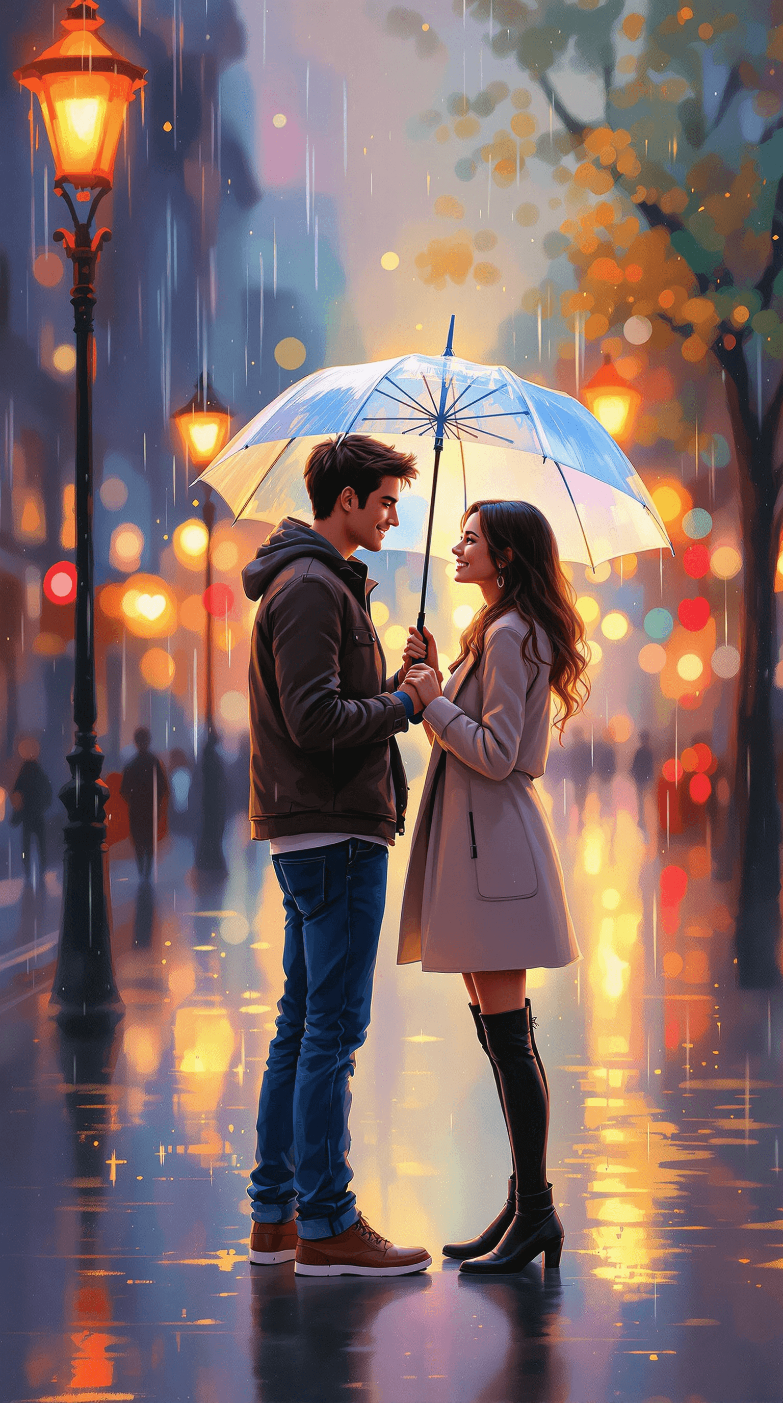 AI generated: A Neo Impressionist style depiction of a romantic scene with a young couple sharing an umbrella unde...
