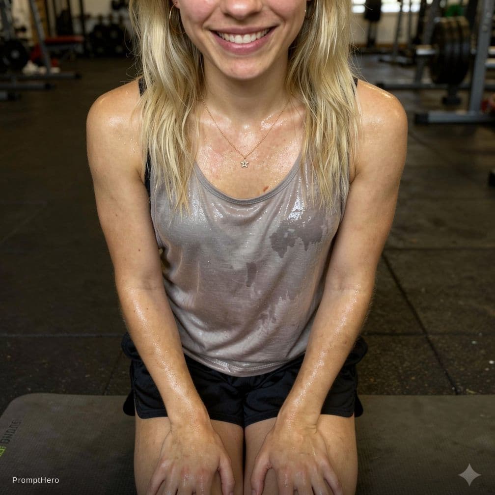AI generated: Produce a photorealistic, candid, unplanned and sloppy gym photo of a 4'10", of the subject (average...