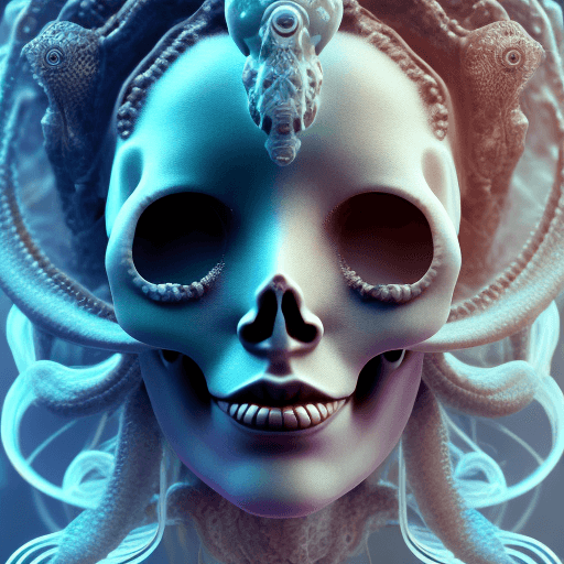 AI generated: Goddess close-up portrait ribcagel. jellyfish phoenix head, nautilus, orchid, skull, betta fish, bio...