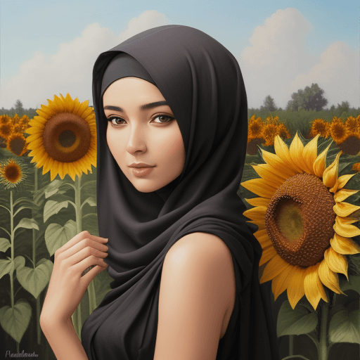 AI generated: a beauty woman with hijub and sunflowers in the background, a photorealistic painting 