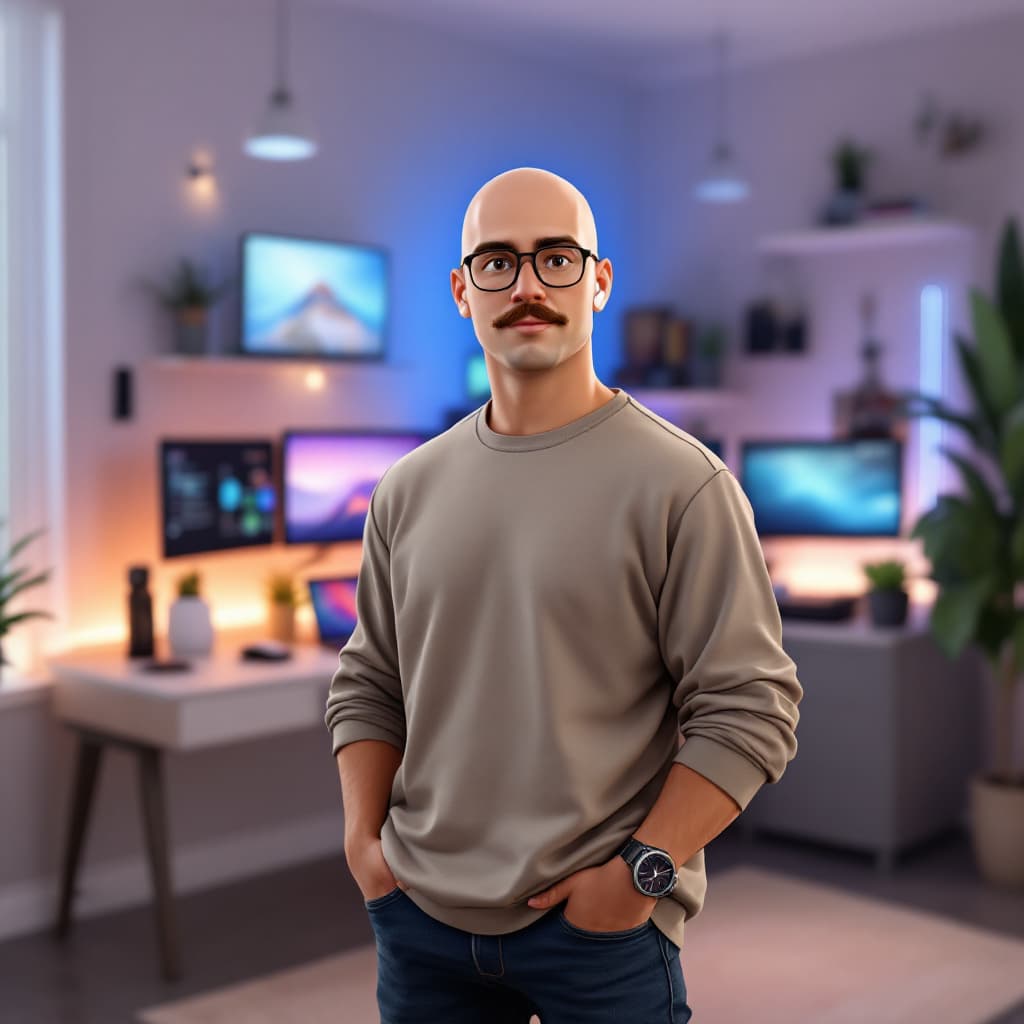 AI generated: Create a semi-realistic male avatar with light skin, a large build, bald head (Buzz Cut hair), a mus...