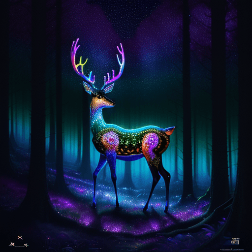 AI generated: masterpiece, highly detailed psychedelic Deer with intricate designs all over its body walking throu...