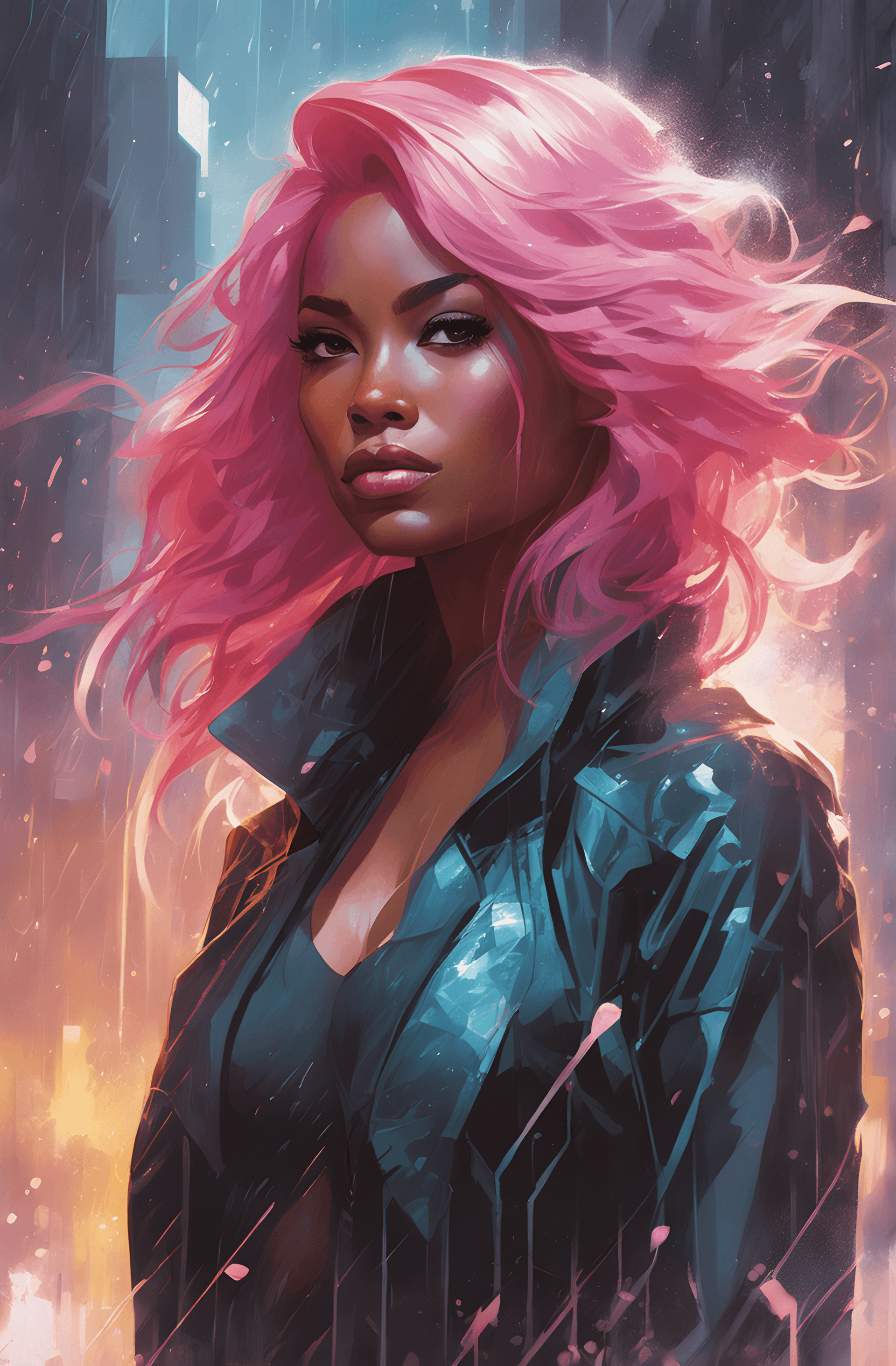 AI generated: a woman with pink hair standing in the rain, by Ross Tran, afrofuturism, as a panel of a marvel comi...